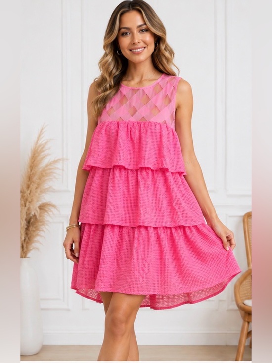 Umgee Dresses & Skirts - Umgee Pink Tiered Ruffle Dress Size L NWT Cotton Lined Boho Babydoll